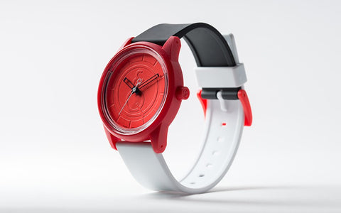 Q&Q Smile Solar Watch J007Y (Red dial on B&W strap)