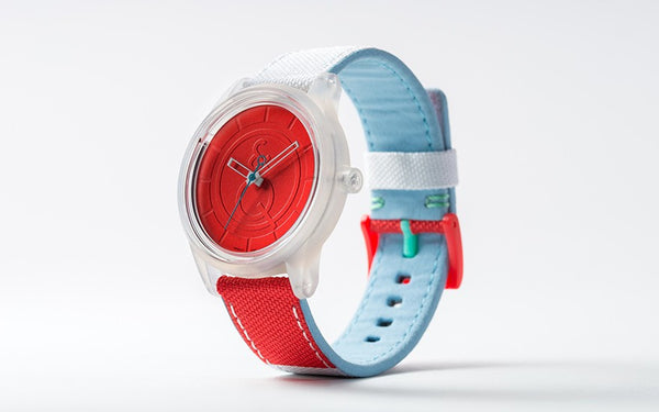 Q&Q Smile Solar Watch J011Y (Red dial on Red&White fabric strap)