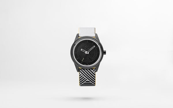 Q&Q Smile Solar Watch J012Y (Black dial on B&W weaved pattern strap)
