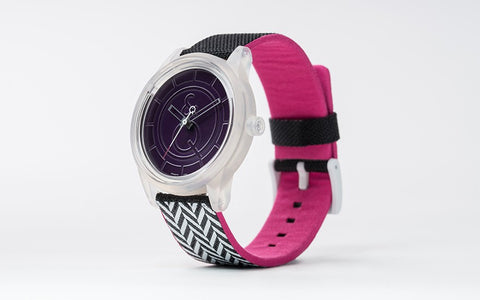 Q&Q Smile Solar Watch J015Y (Purple dial on B&W track pattern strap)